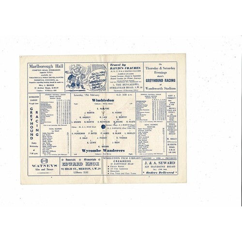 1961/62 Wimbledon v Wycombe Wanderers FA Amateur Cup Football Programme