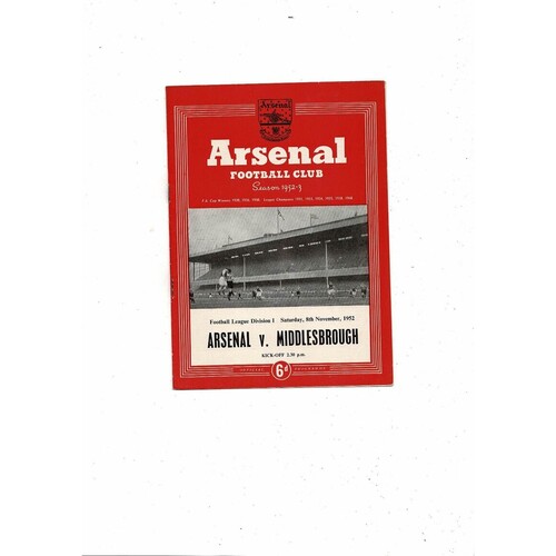 1952/53 Arsenal v Middlesbrough Football Programme