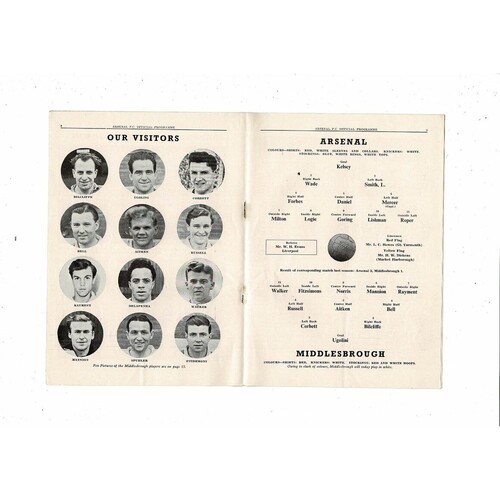 1952/53 Arsenal v Middlesbrough Football Programme