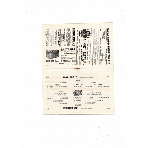 1958/59 Leeds United v Leicester City Football Programme