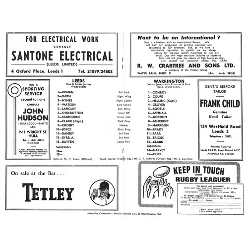 1968/69 Leeds v Warrington (14/09/1968) Rugby League Programme