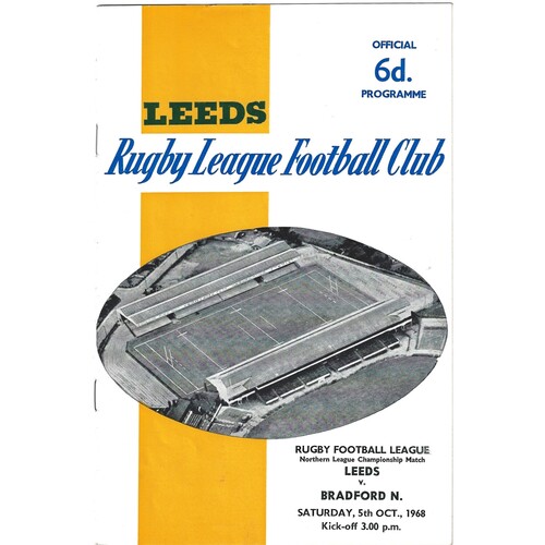 1968/69 Leeds v Bradford Northern (05/10/1968) Rugby League Programme