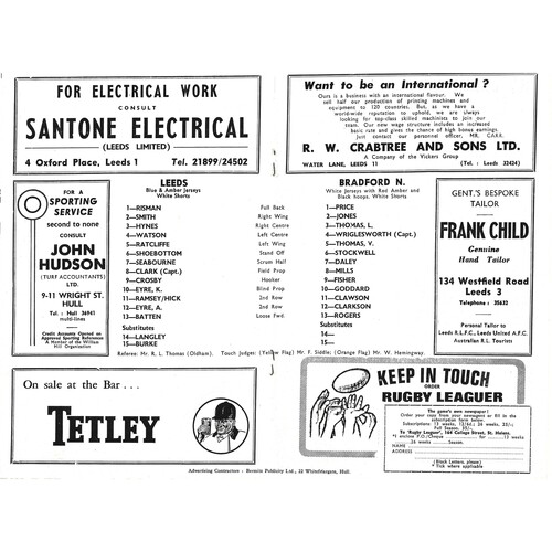 1968/69 Leeds v Bradford Northern (05/10/1968) Rugby League Programme
