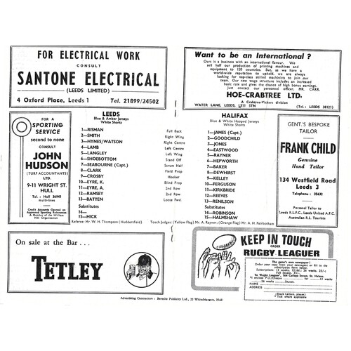 1968/69 Leeds v Halifax (08/02/1969) Rugby League Programme