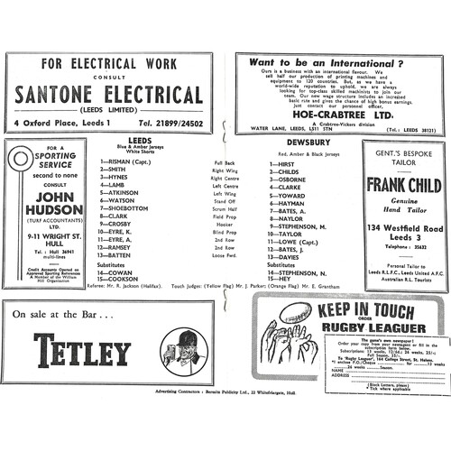1968/69 Leeds v Dewsbury (08/03/1969) Rugby League Programme