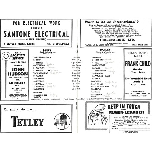 1968/69 Leeds v Batley (07/04/1969) Rugby League Programme