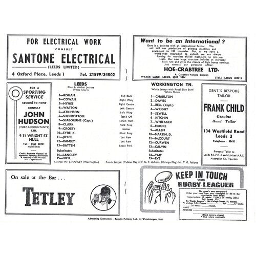 1968/69 Leeds v Workington Town (03/05/1969) Northern Rugby Football League Championship Play-off, Second round Rugby League Programme