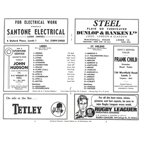1967/68 Leeds v St. Helens (23/08/1967) Rugby League Programme