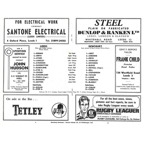 1967/68 Leeds v Dewsbury (30/09/1967) Rugby League Programme