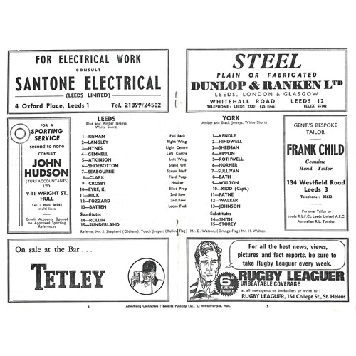 1967/68 Leeds v York (11/11/1967) Rugby League Programme