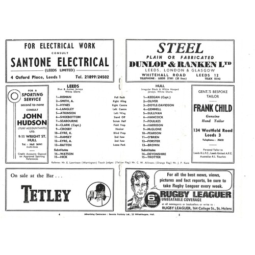 1967/68 Leeds v Hull (06/01/1968) Rugby League Programme