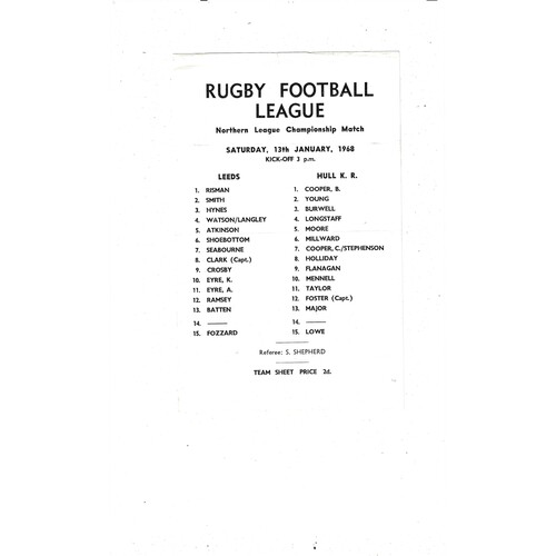 1967/68 Leeds v Hull Kingston Rovers (13/01/1968) Rugby League Programme