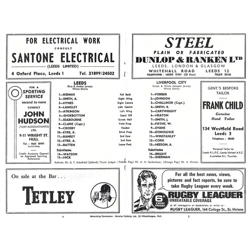 1967/68 Leeds v Liverpool City (03/02/1968) Rugby League Challenge Cup, First Round Rugby League Programme