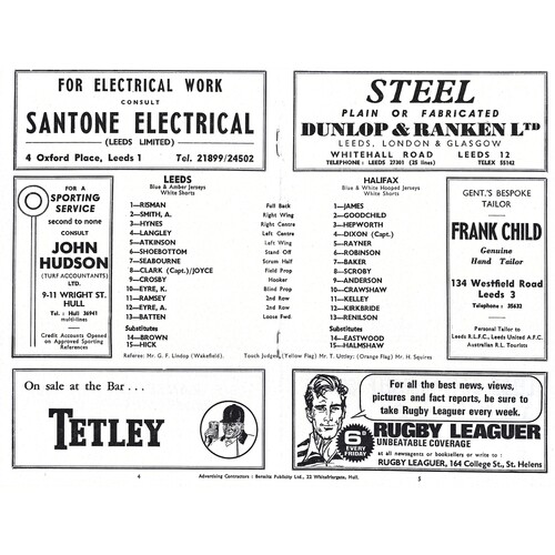 1967/68 Leeds v Halifax (16/02/1968) Rugby League Programme