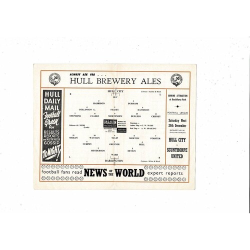 1956/57 Hull City v Darlington Football Programme