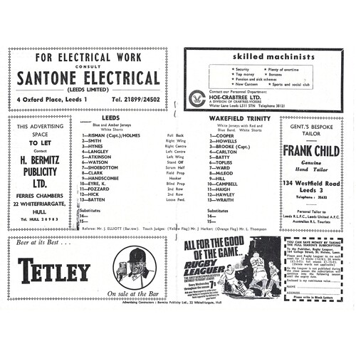 1969/70 Leeds v Wakefield Trinity (01/09/1969) Rugby League Programme