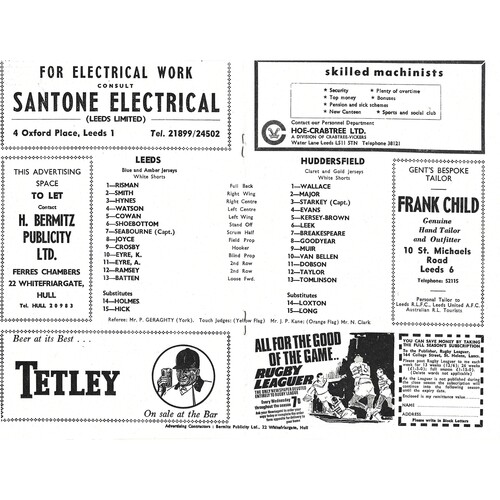 1969/70 Leeds v Huddersfield (27/09/1969) Rugby League Programme