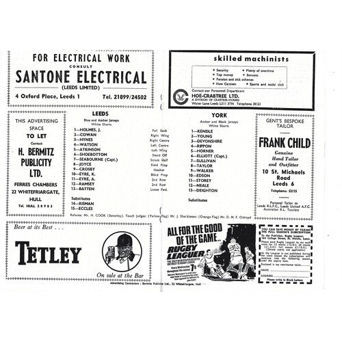 1969/70 Leeds v York (11/10/1969) Rugby League Programme