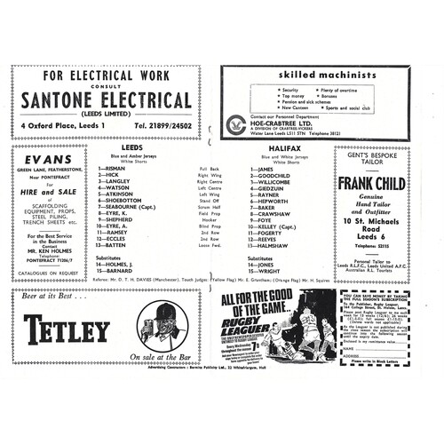 1969/70 Leeds v Halifax (08/11/1969) Rugby League Programme