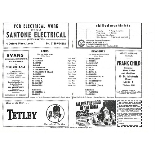 1969/70 Leeds v Dewsbury (06/12/1969) Rugby League Programme