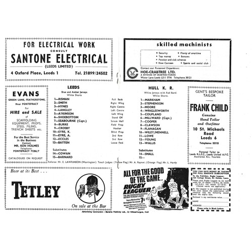 1969/70 Leeds v Hull Kingston Rovers (31/01/1970) Rugby League Programme
