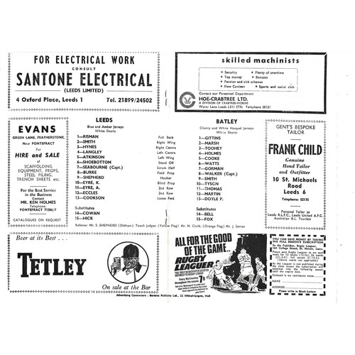 1969/70 Leeds v Batley (07/02/1970) Rugby League Challenge Cup, First Round Rugby League Programme