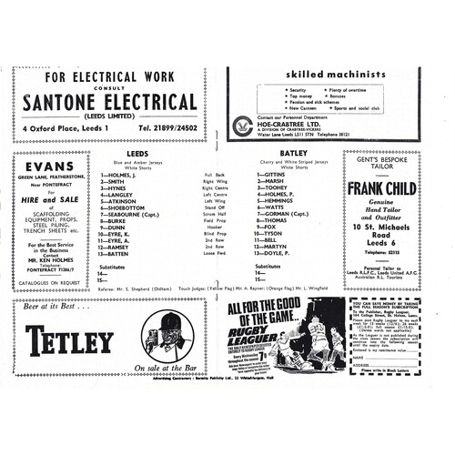 1969/70 Leeds v Batley (30/03/1970) Rugby League Programme