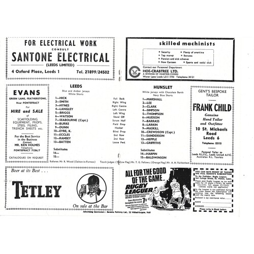 1969/70 Leeds v Hunslet (08/04/1970) Rugby League Programme