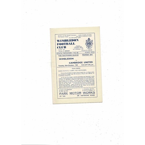 1965/66 Wimbledon v Cambridge United Southern League Football Programme