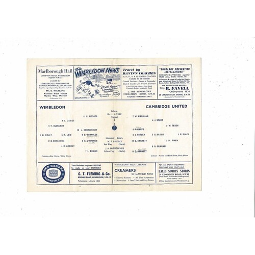 1965/66 Wimbledon v Cambridge United Southern League Football Programme