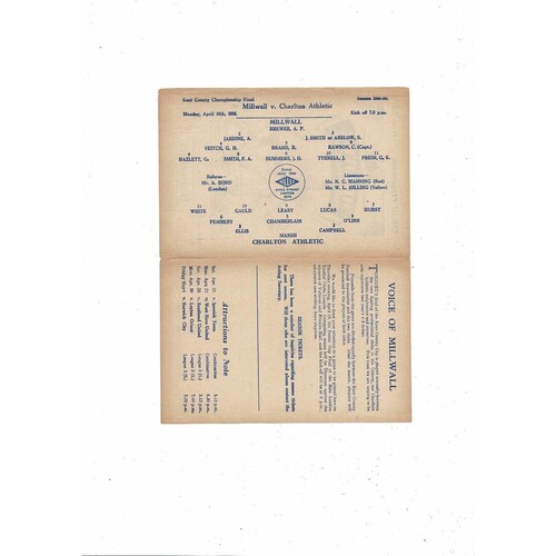1955/56 Millwall v Charlton Athletic Kent Cup Final Football Programme