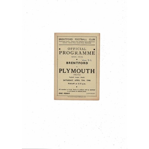 1945/46 Brentford v Plymouth Argyle Football Programme