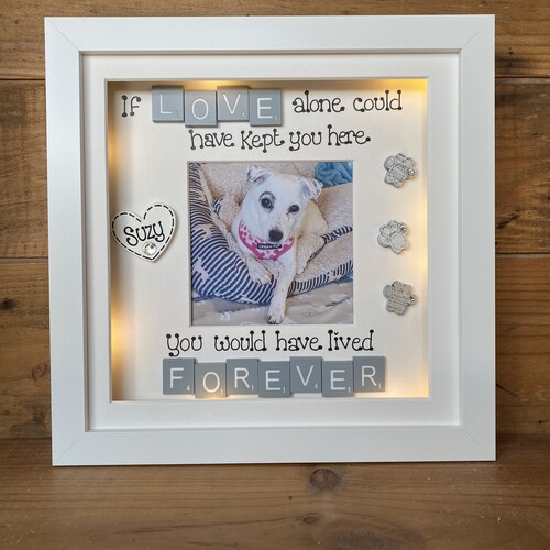 Customised Dog Memorial Photo Frame | LED Pet Memorial Picture Frame | Photo Frame with Scrabble Tiles | Customise a Frame