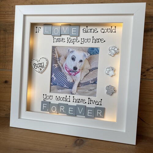 Customised Dog Memorial Photo Frame | LED Pet Memorial Picture Frame | Photo Frame with Scrabble Tiles | Customise a Frame