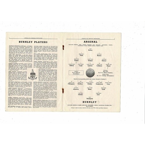 1953/54 Arsenal v Burnley Football Programme