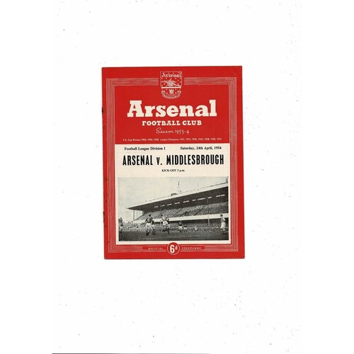 1953/54 Arsenal v Middlesbrough Football Programme