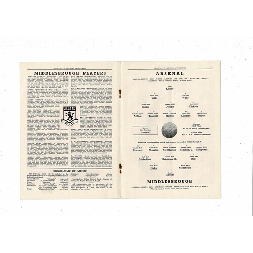 1953/54 Arsenal v Middlesbrough Football Programme