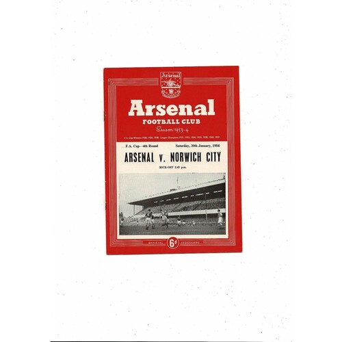1953/54 Arsenal v Norwich City FA Cup Football Programme