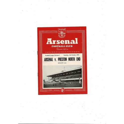 1953/54 Arsenal v Preston Football Programme