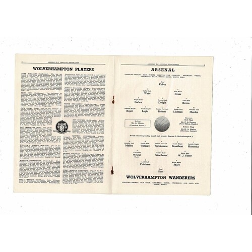 1953/54 Arsenal v Wolves Football Programme