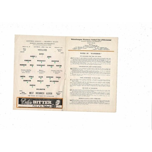 Wolves v West Bromwich Albion Central League Football Programme 1960/61