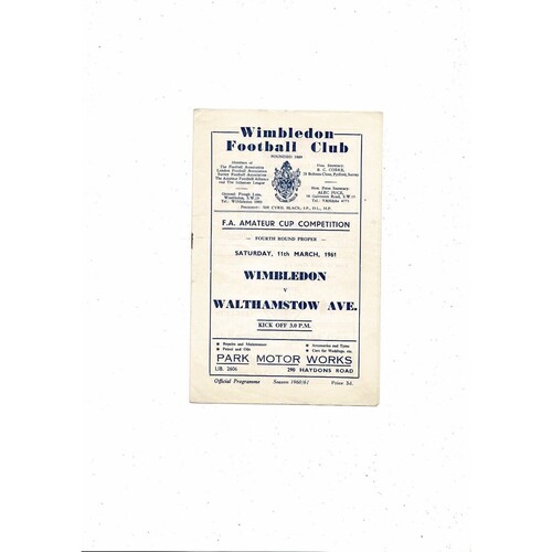 1960/61 Wimbledon v Walthamstow Avenue FA Amateur Cup Football Programme