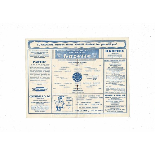 1958/59 Colchester United v Brentford Football Programme