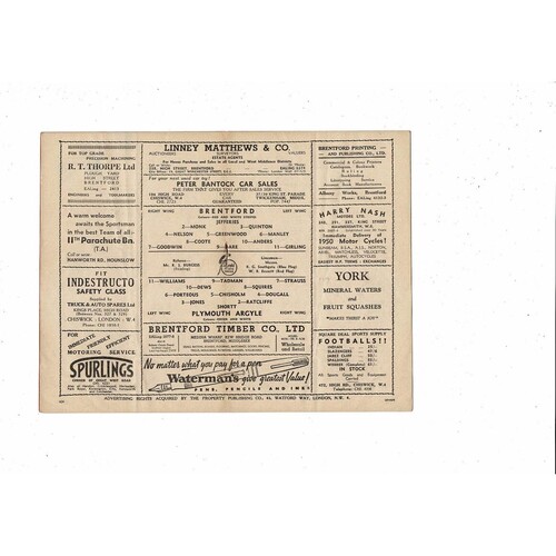 1949/50 Brentford v Plymouth Argyle Football Programme