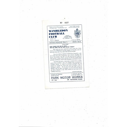 Rushmere United v International Club X1 Testimonial Programme @ Wimbledon 1964/65