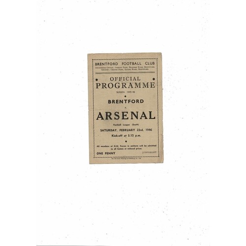 1945/46 Brentford v Arsenal Football Programme