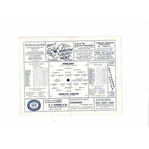1964/65 Wimbledon v Charlton London Challenge Cup Football Programme