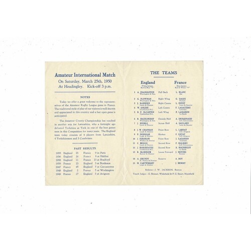 1950 England v France Rugby League Amateur International Programme @ Leeds