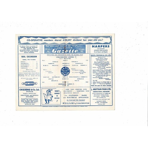 1958/59 Colchester United v Swindon Town Football Programme