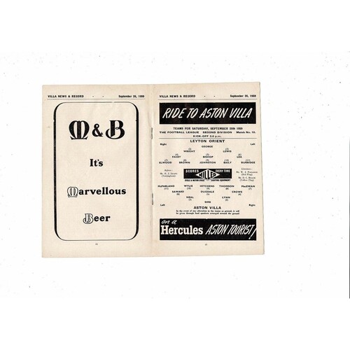 1959/60 Aston Villa v Leyton Orient Football Programme